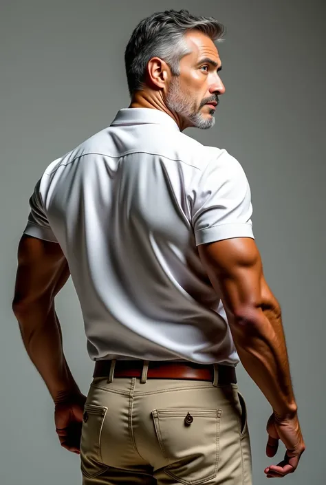 Carlos cuevas, sexy AND handsome man in a white shirt and beige jeans,  50 años, brown belt, big muscles, Tall and muscular, watching to the cámara (((Big butt)) (((backside))), de perfil 