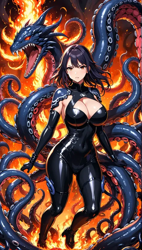 Busty girl in super tight latex suit, warrior, fighting against giant tentacles . Background: nave nodriza, Fire, shots