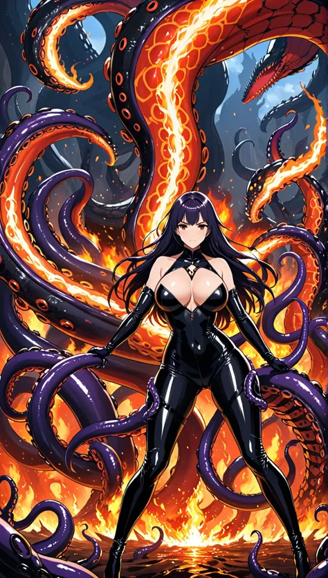 Busty girl in super tight latex suit, warrior, fighting against giant tentacles . Background: nave nodriza, Fire, shots