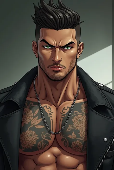 Sexy Anime man, age 27, gym bod, tattoos, lip piercing, green eyes, dark hair, shirtless, looks annoyed, black jeans, fade hair cut, dominant, alpha, chin strap, trimmed Beard