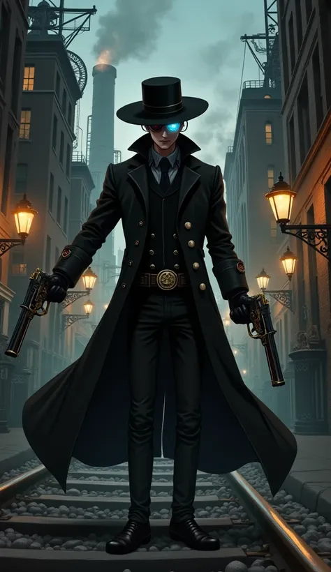 " A steampunk bounty hunter from anime ,  with a long black overcoat ,  wide-brimmed hat and a technological eyeglass shining in one eye .  He holds two steam modified pistols , one in each hand,  as it hides in the shadows of an alley illuminated by gas l...