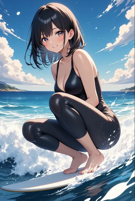 1lady solo, ((holding on surfboard)), (((squatting:0.8))) (((balancing))), (dynamic posing), (stylish wetsuit) surfer, (mature female:0.8), /(black hair/) bangs, light smile, (teeth:0.8), (masterpiece best quality:1.2) delicate illustration ultra-detailed,...