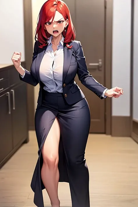 woman over 40 with an angry face  ( redhead,  Brown Eyes,  busty ),  the woman wears an office suit and yells at a , full body image with the background of the interior of a house