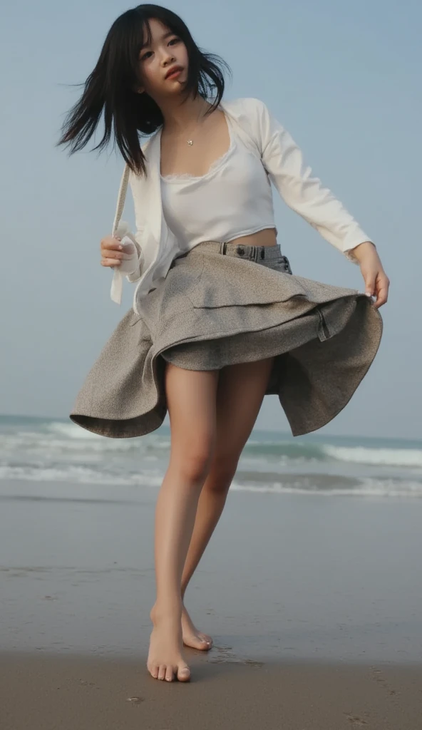   Low Angle Shot 、  slouching posture、  open shirt 、No underwear clothes  、  skirt flips in strong wind、  one girl 、 barefoot、  beach 、smile

