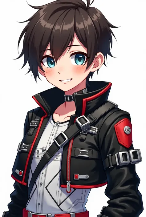  A boy with blue-brown eyes and dark brown hair .  The outfit was mainly black and white ,  which creates a strong contrast and underlines the futuristic aesthetic .  Red and silver accents add additional highlights .  The jacket was a central element of t...