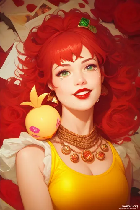 (( RAW Photo),  absurd, ( absurd resolution)),  masterpiece,  better quality, ( Extremely detailed 8k unit CG wallpaper), ( best illustration ), ( better shade),  Realistic lighting,  detailed and beautiful shine, (( )), chica,  long red hair,  accessories...