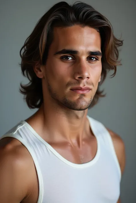 Man in white sleeveless vest medium length hair image close up looking in front gray background photo shoot 