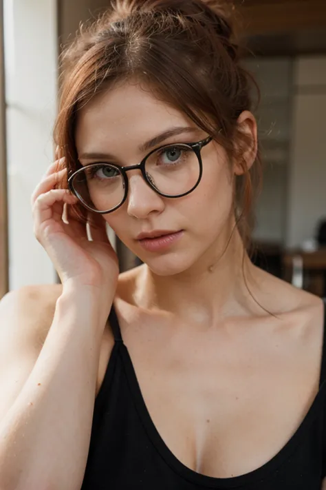 white woman, red-orange hair, double bun, loose strands, green eyes, eyeglasses