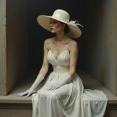 A painting of a woman sitting on a ledge, wearing a white dress, gloves and a large white hat. The background is dark, which contrasts with her white attire and emphasizes her presence.