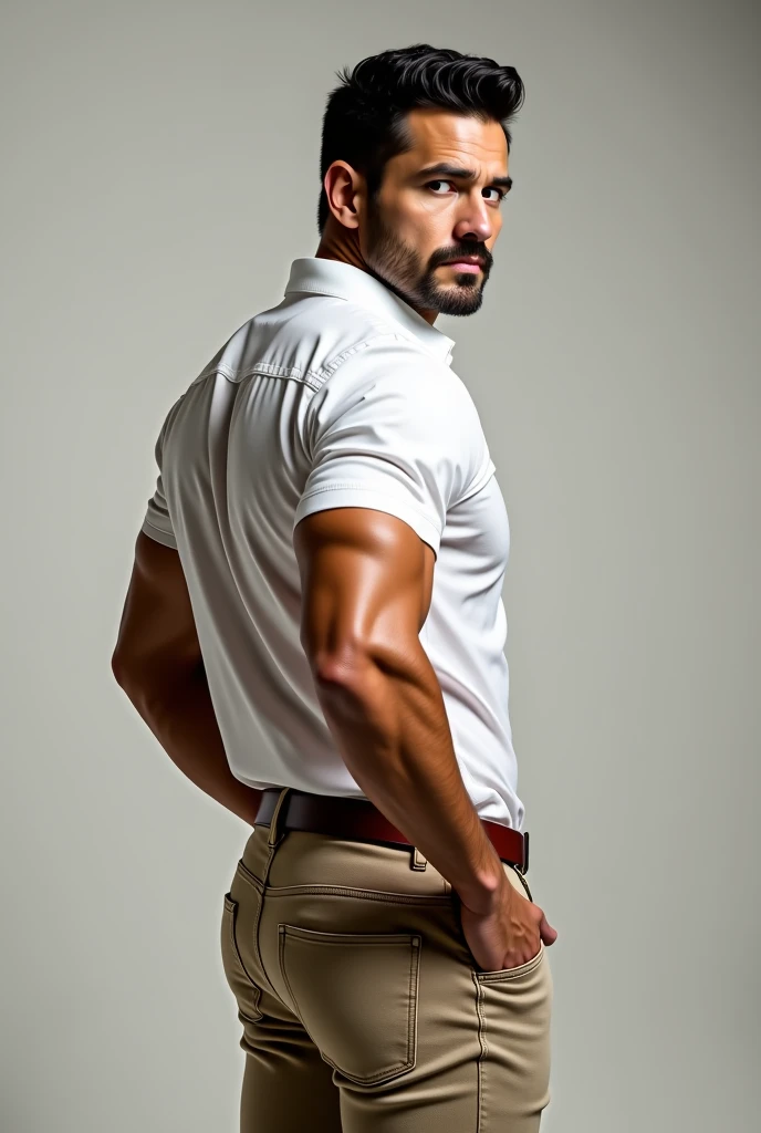 Carlos cuevas, sexy AND handsome man in a white shirt and beige jeans,  40 años, brown belt, big muscles, Tall and muscular, watching to the cámara (((Big butt)) (((backside))), de perfil 