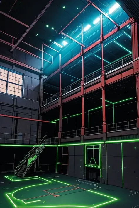 A 25-meter high 80-meter length gymnasium with steel walls and floors a hologram hard light obstacle course made of green light materializes 