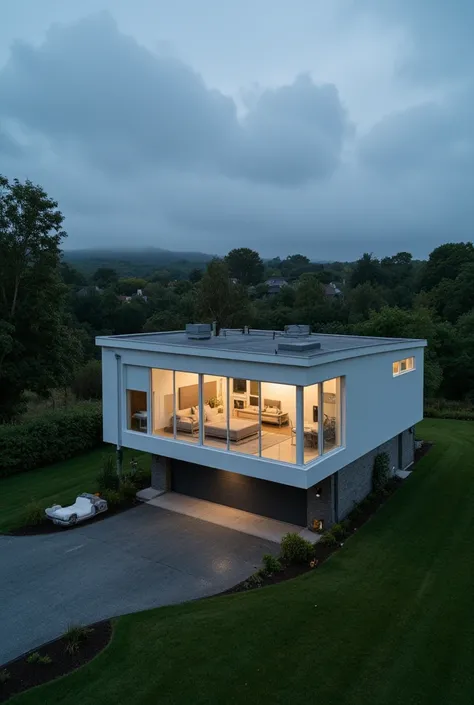  Photo with drone 4k of a one-story house,  modern white windows with large panes,  modern architecture, Simple modern type, The house is in the countryside, cloudy, With some rain a garage.  lights off  