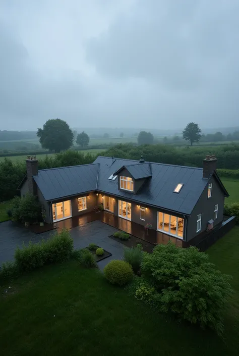  Photo with drone 4k of a one-story house,  modern white windows with large panes,  modern architecture, Simple modern type, The house is in the countryside, cloudy, With some rain a garage.  lights off  