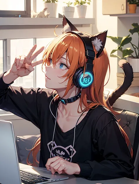 arafed man with headphones and a black shirt making a peace sign, twitch streamer / gamer ludwig, wearing cat ear headphones, profile picture 1024px, wearing cybernetic bunny ears, with bunny ears, cat ears, twitch streamer, fake cat ears, cat ears and cat...