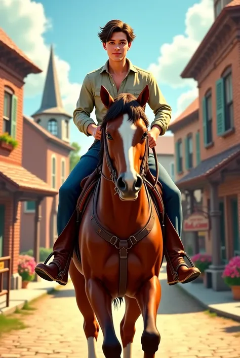 Create an image of a young man riding a horse with a country town in the background 