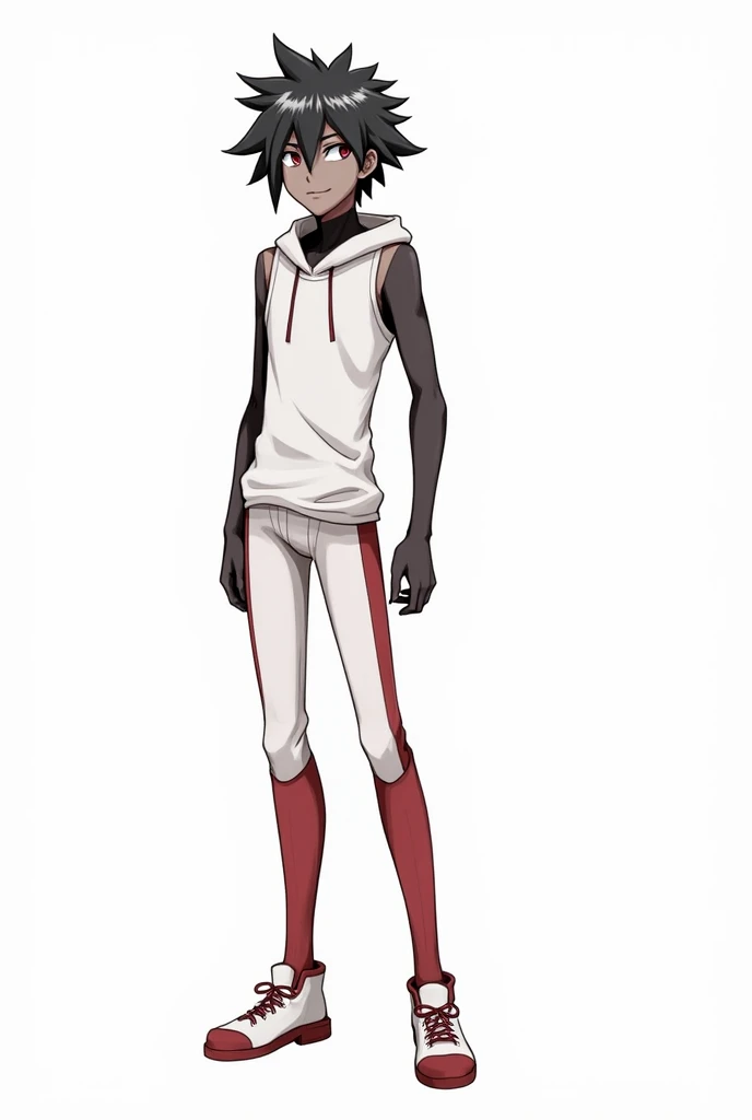  Generate Me and an Anime Character
Generó:  man
Pelo :  black with white tufts
Eyes :reds
: white skin
Clothing : a sleeveless white and skinny suit with a hood and red pants and white and red sneakers