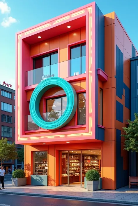 FACADE OF AN OPTICIAN FOR REN , Using orange colors , blue and pink