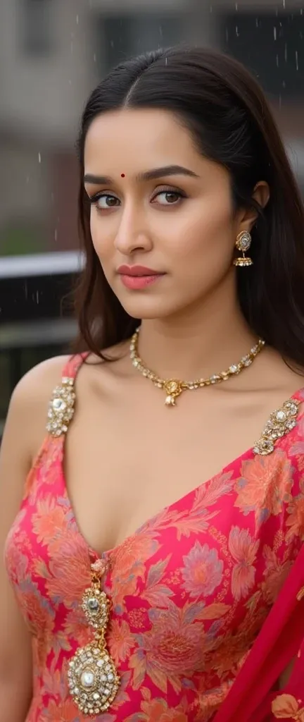 Beautiful married marathi woman,((showing navel and cleavage)), nose stud and sexy, she is wearing a saree with bikini top, her navel is visible, showing cleavage, in balcony while raining, waist chain, selfie point of view, (close up body bust shot), red ...