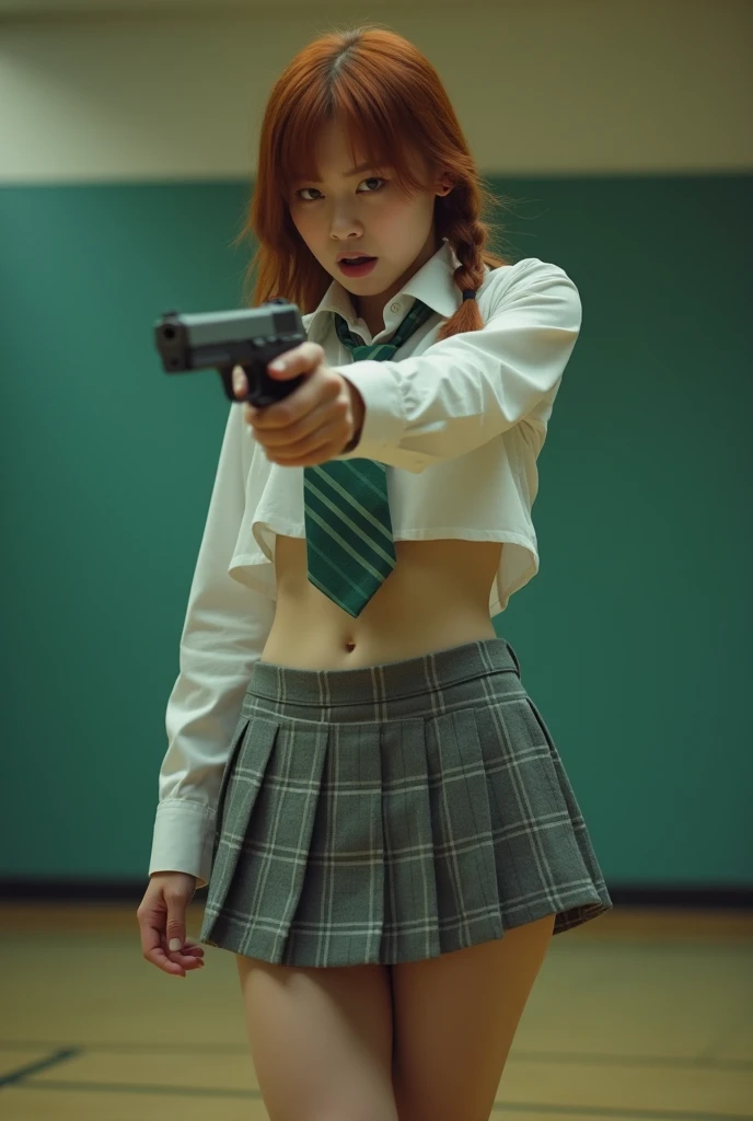 Generate nude, 18-year-old woman dressed in a school uniform seen from below, the camera is right below her, you can see her underwear. She gets shot in her forehead, bloody bullet wound. Her legs are slightly open. gray and green checkered skirt, white sh...