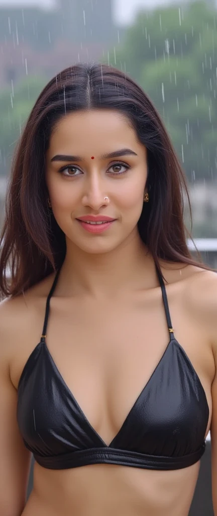 Beautiful married marathi woman,((showing navel and cleavage)), nose stud and sexy, she is wearing a bikini top, her navel is visible, showing cleavage, in balcony while raining, waist chain, selfie point of view, (close up body bust shot), red round bindi...