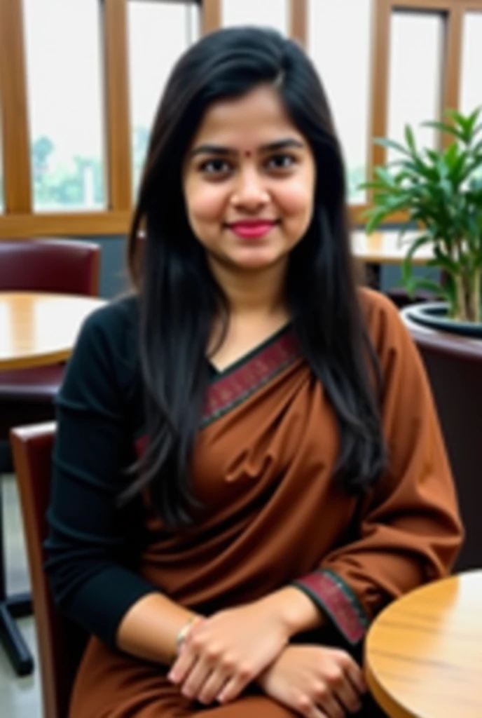 A photo of a 18-year-old Bangladeshi girl wearing a saree, sitting in a restaurant. She has black hair and is wearing a brown saree with a black full sleeve blouse. The girl is sitting on a chair. The background contains a table, a chair, and a potted plan...