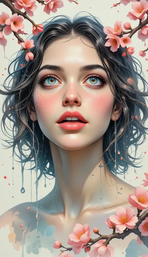 Hyper-realistic digital artistic portrait of a young girl aged 16-18 with wet hair, close-up, standing up to her neck in pure, pure water behind transparent drops of water falling from above, forming vertical paths. She looks up and away. Close-up of fac...
