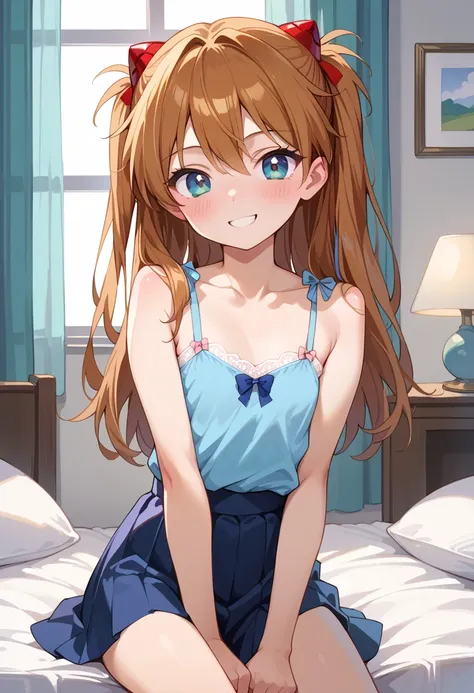 (( top quality)), (( Masterpiece)), (be familiar with),  perfect face,  indoor, bedroom,  watching viewers,
One woman,  Soryu Asuka Langley,
開いた口,  ecstatic expression, blush, smile,
 small tits,  flat chested, Young girl,  lori,  s,  girl,
 long hair,  tw...