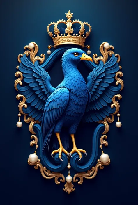  I would like a family coat of arms , with navy blue colors, Pearl and gold ,  with a blue Gralha animal as a mascot