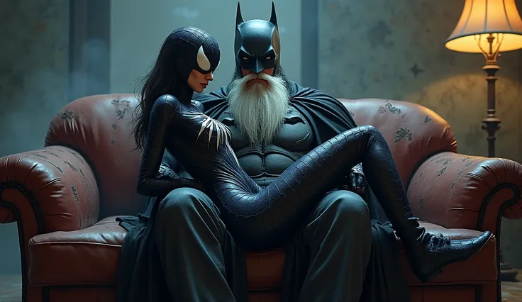 Spidergirl in venom outfit is dancing while sitting on Batman's lap and Batman with white beard and white moustache is sitting on the couch