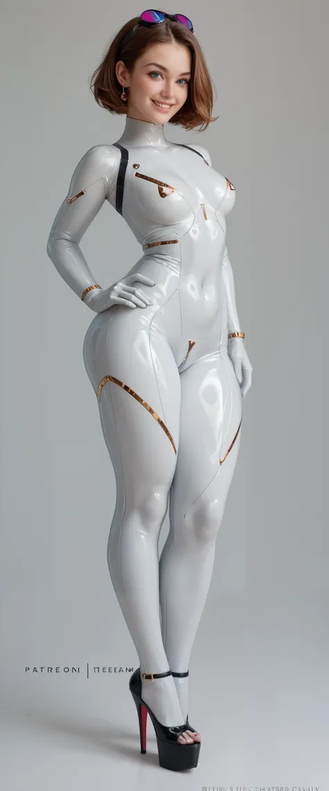 teen girl, wearing thin thight catsuit made of shinny fabric, large ass, thick thighs, large breast, tight vinyl with no seams wear, wide pelvis, small chest, smiling, looking at viewer