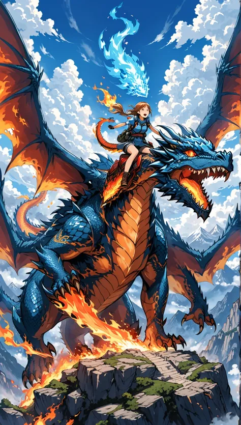  Girl flies on top of a gigantic dragon that throws blue fire. Girl in adventure clothes on top of the dragon. Dragon throws flames through his mouth.. Background: sky, clouds, Mountains are seen. 