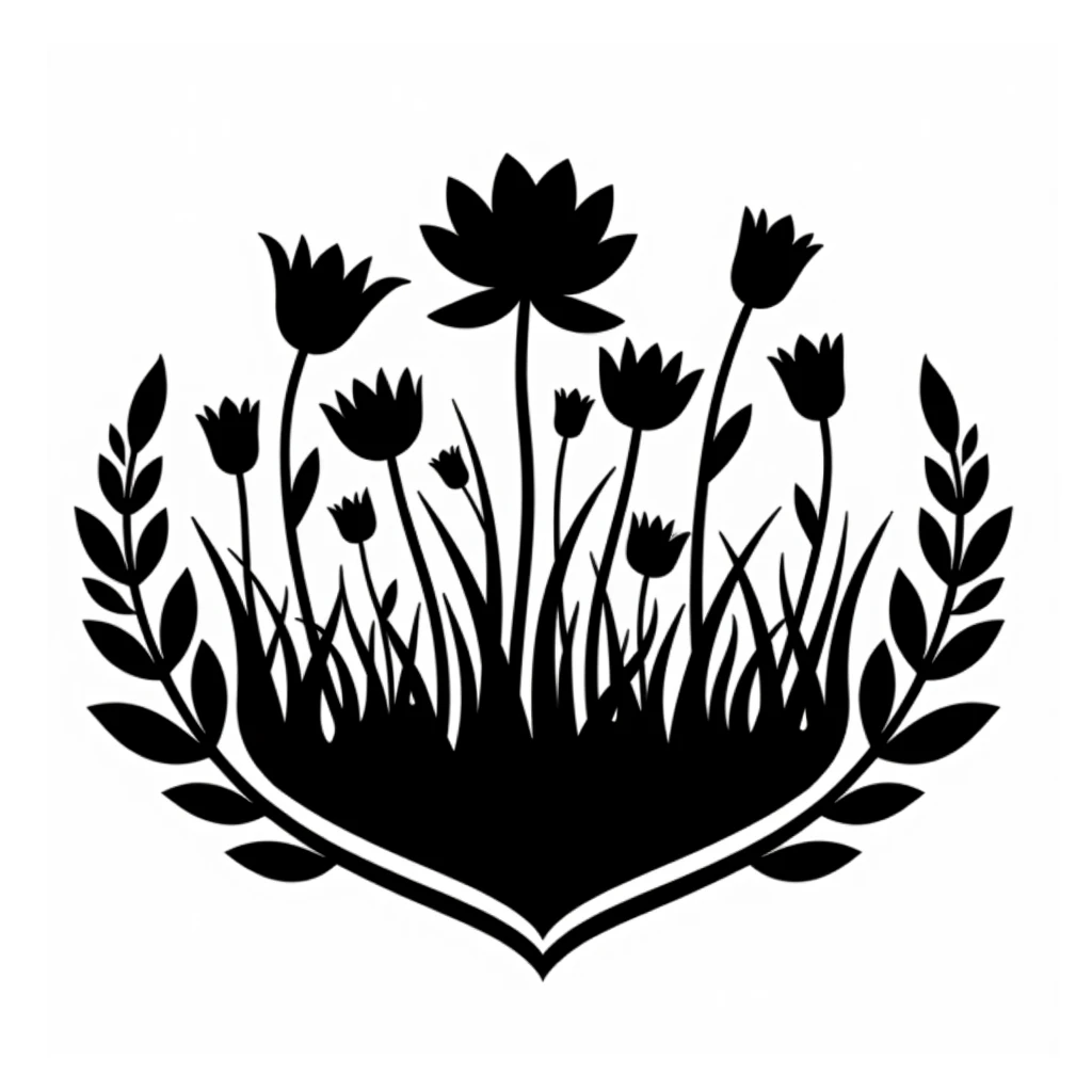 A high-quality vector emblem of a fictional kingdom, featuring a bold black silhouette of a vast meadow with elegantly detailed flowers. The flowers stand tall, symbolizing prosperity, beauty, and the kingdom’s deep connection with nature. The emblem is de...