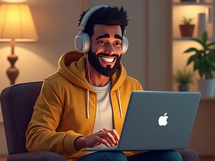 Happy man with hoody sweater, listens music from earphone. He sits on the chair and works with laptop.