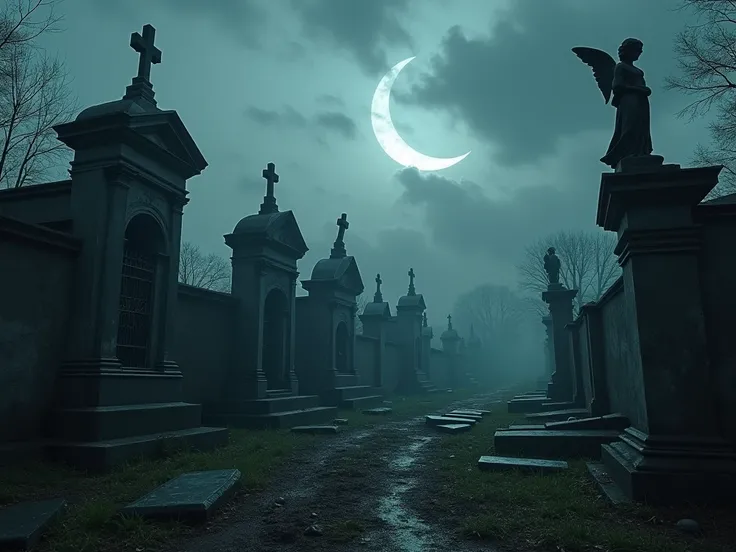 An ancient, eerie cemetery under a waning crescent moon, with heavy clouds covering the sky. Weathered tombstones and ornate mausoleums are scattered across the grounds, shrouded in a cold, spectral mist. The pale moonlight partially illuminates broken ang...