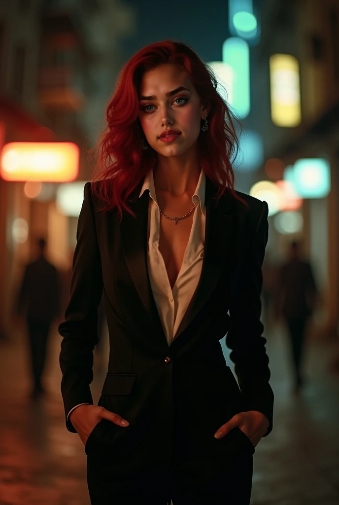 (((woman with abnormally huge round breasts))), (((thin body))), Upper-body, soft natural lighting, award winning photograph, extremely intricate, 1girl solo, realistic, (Photography by Steve McCurry), Red hair captivating private investigator. She stands ...