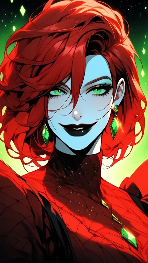  ((bright red hair)),  mature woman,  30 years old,  diamond face ,  big boobs,  starry red sky background ,  Depth of field , magic, big black lips , Black Lipstick (( green eyes)) long black and red dress , covered chest,  Mystical atmosphere ,  ominous ...