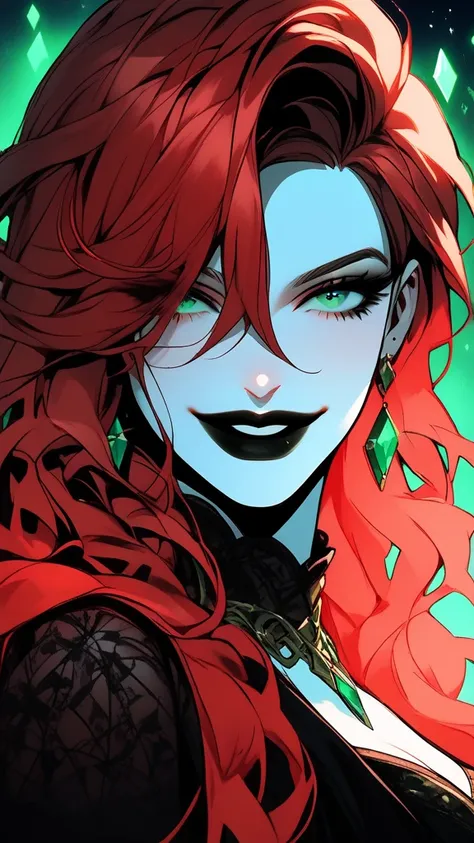  ((bright red hair)),  mature woman,  30 years old,  diamond face ,  big boobs,  starry red sky background ,  Depth of field , magic, big black lips , Black Lipstick (( green eyes)) long black and red dress , covered chest,  Mystical atmosphere ,  ominous ...