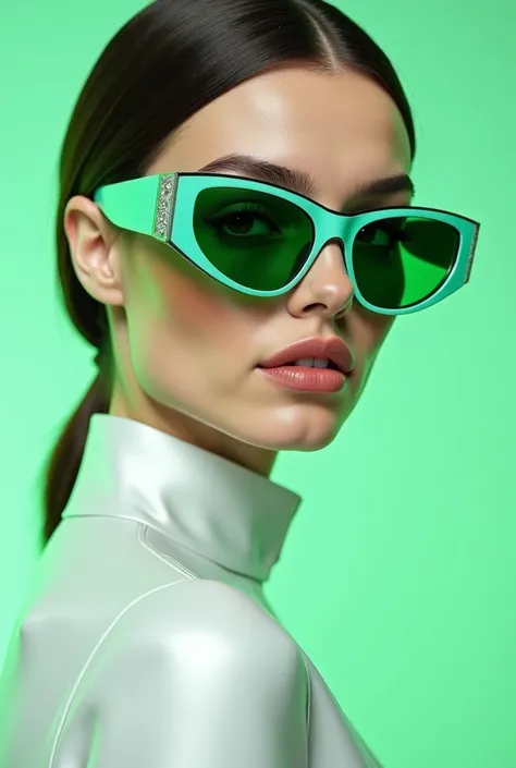 Je souhaite créer une annonce, bouteille de parfum futuriste, femme Italienne model, avec des lunettes gros carreaux de vert en blanc, vêtement combinaison blanc et liserai or, bouteille blanc et or "LA", arrière plan vert, reflet vert diamant