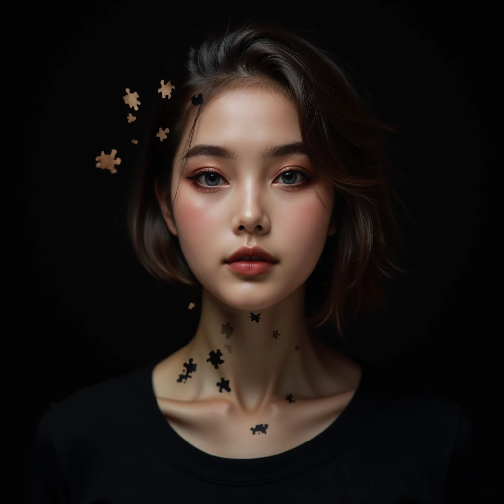 On a black background, the face of the woman looking straight at the camera begins to disintegrate in the form of puzzle pieces, the ones that gave shape to her human figure, hair, skin, the pieces begin to fall, leaving the empty spaces to mix with the bl...