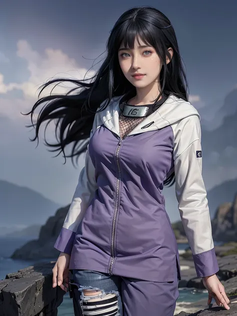  hyuga hinata,   long hair ,   black hair ,   white eyes ,  smile,   beautiful,  purple clothes,  ultra detailed , realistic,  perfect body, 1 girl ,