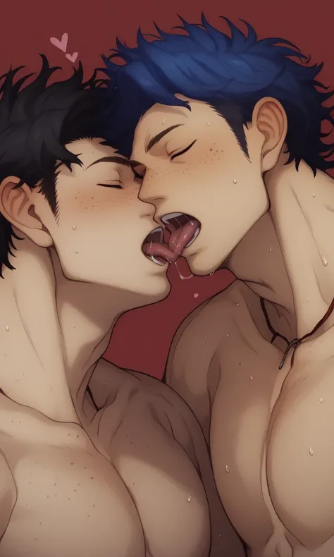 score_9, score_8_above, score_7_above, score_6_above, score_5_above, score_4_above, extremely artistic Skibby , freckles, kiss,  blond hair, 2 boys, Language,  multiple boys,  eyes closed, french kiss, yaoi,   male focus , Sweat,  saliva, Language out, bod...