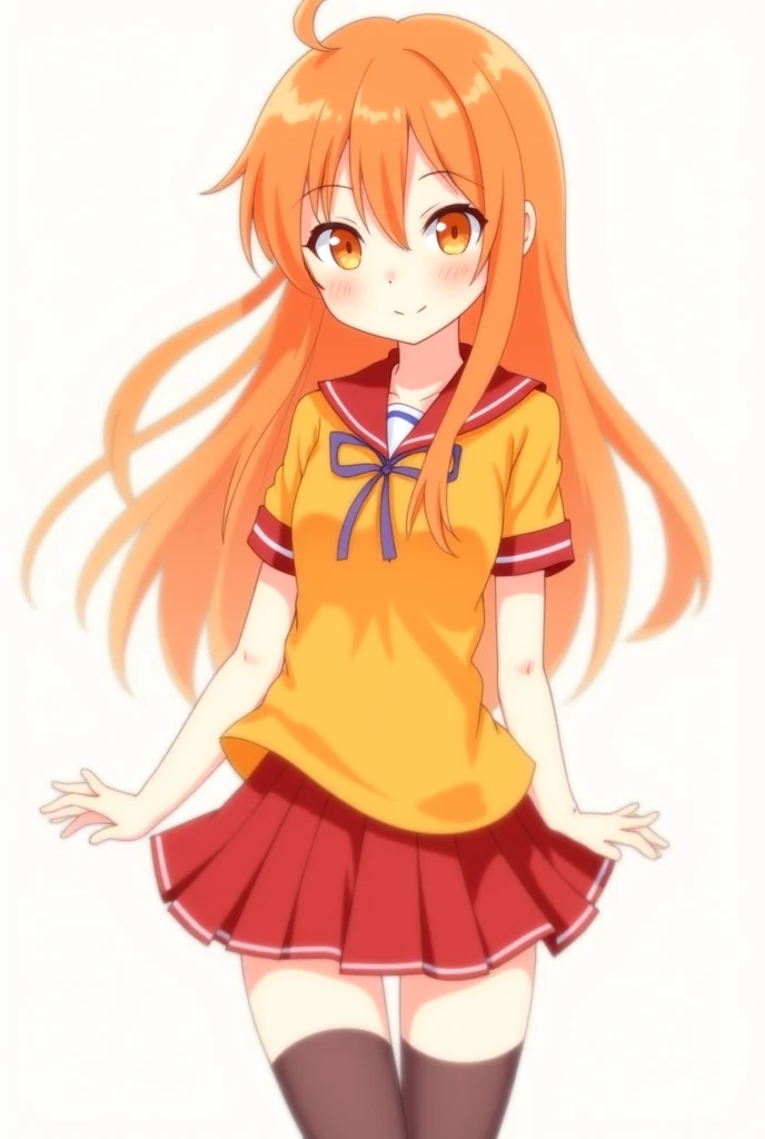 Anime girl with long orange hair and orange eyes with school uniform with orange short orange sleeve shirt and thigh high socks 