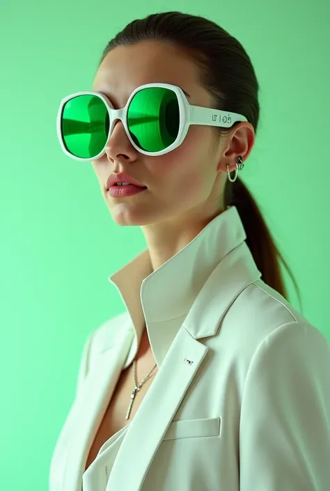 Je souhaite créer une annonce, bouteille de parfum futuriste, femme Italienne model, avec des lunettes gros carreaux de vert en blanc, vêtement combinaison blanc et liserai or, bouteille blanc et or "LA", arrière plan vert, reflet vert diamant