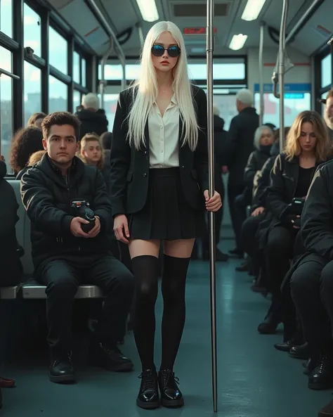 Adolescent, very pale skin, long and very straight white hair; blue and blind eyes with dark glasses; elegant private school outfit with blazer, short skirt, black leggings and black school shoes; She is sitting in a Public bus with a lot of adolescent peo...