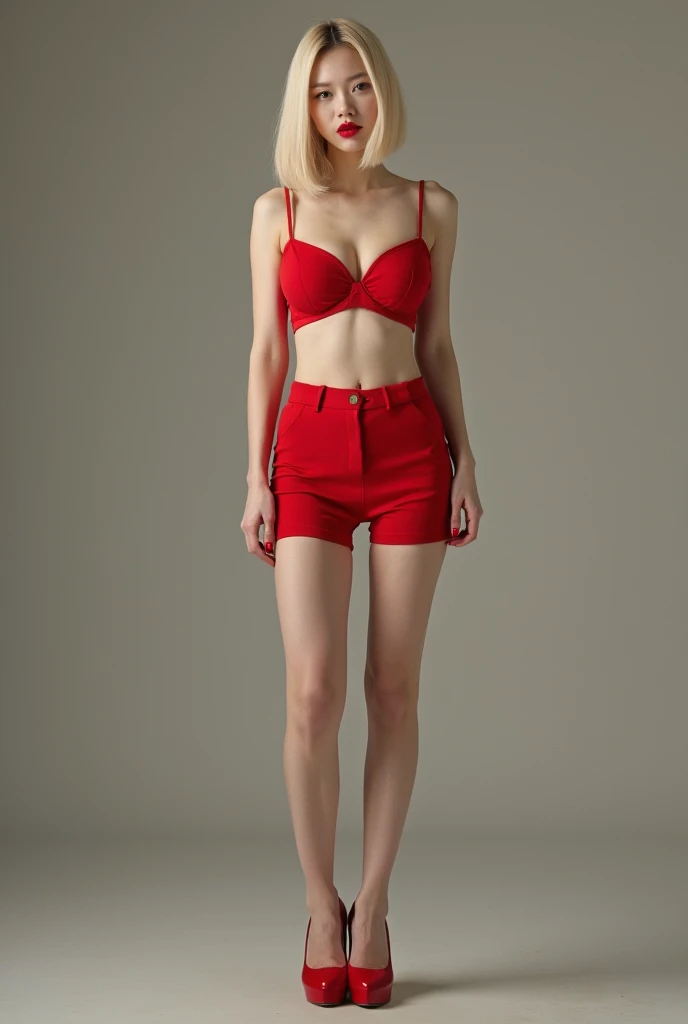 A  Korean girl,  thin, pale skin, cherry-shaped red lips ( big lips), innocent face, dyed blonde hair,  short hair, cintura  thin, huge breasts, intense red short clothes, with red high heels, ( full body plane ) 