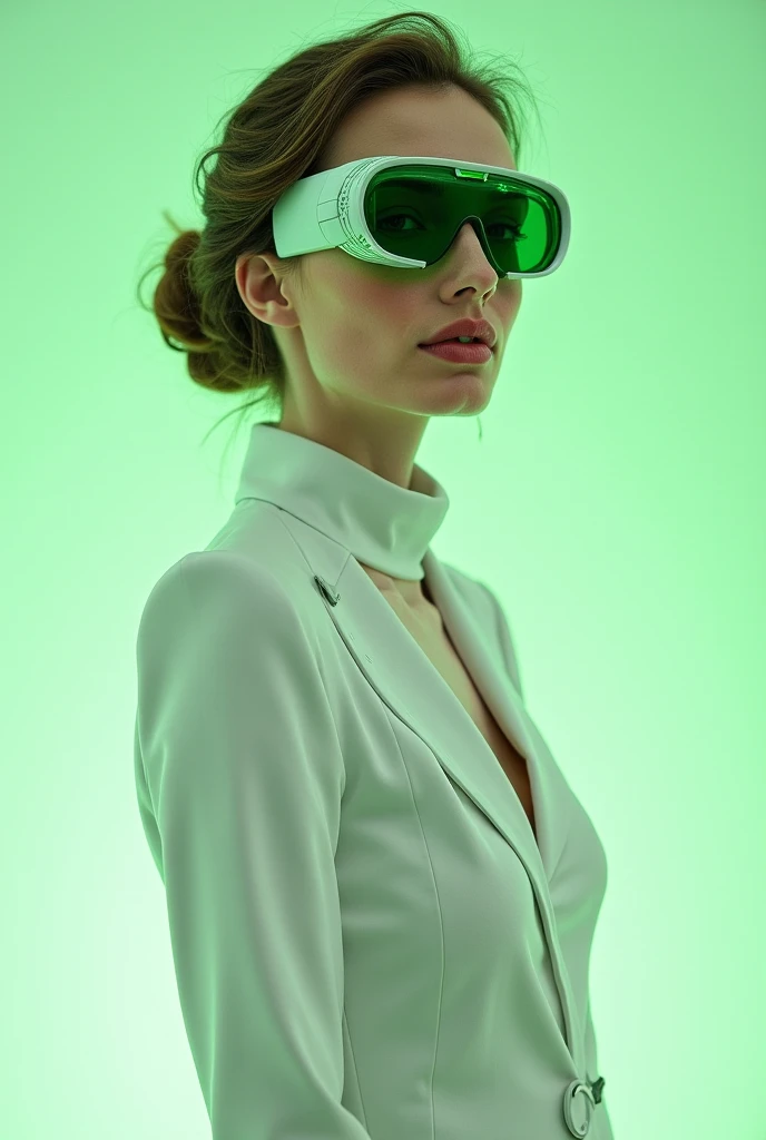 Je souhaite créer une annonce, bouteille de parfum futuriste, femme Italienne model, avec des lunettes gros carreaux de vert en blanc, vêtement combinaison blanc et liserai or, bouteille blanc et or "LA", arrière plan vert, reflet vert diamant