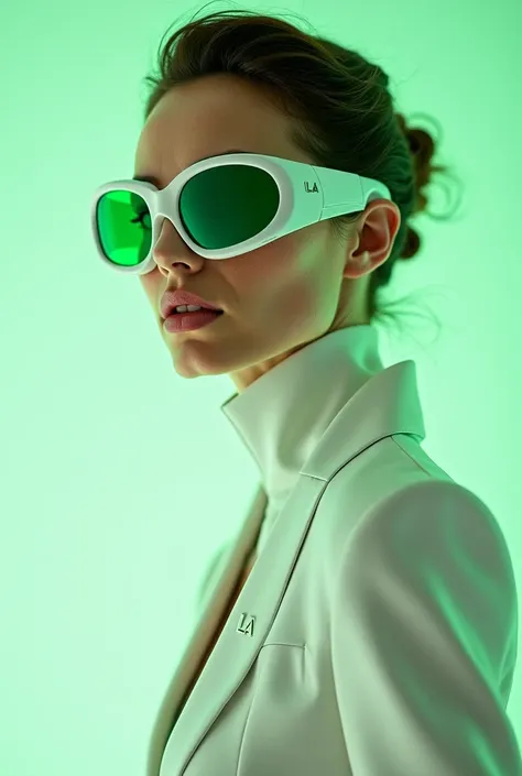 Je souhaite créer une annonce, bouteille de parfum futuriste, femme Italienne model, avec des lunettes gros carreaux de vert en blanc, vêtement combinaison blanc et liserai or, bouteille blanc et or "LA", arrière plan vert, reflet vert diamant