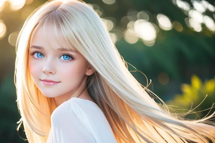 Blonde hair dancing in strong winds interferes with her cute innocent young face、Sexy big boobs、 cute little beautiful face at age 16 、Shiny bright straight super long blonde hair、Cute and beautiful long, silky bangs that cover the space between the eyes、L...