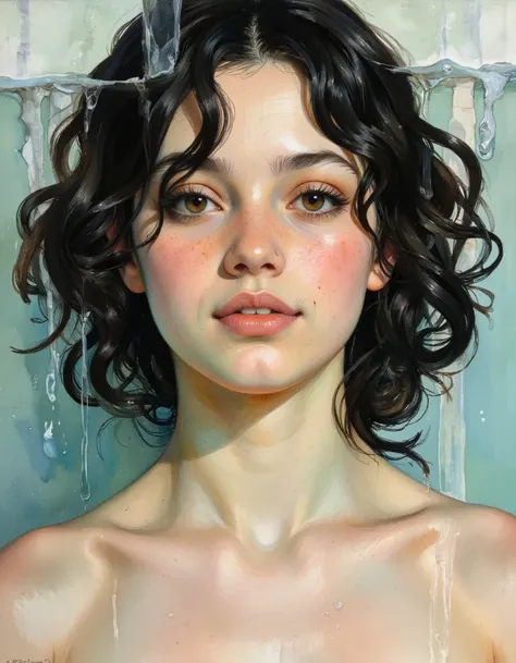 A hyper-realistic digital artistic portrait of a young girl aged 16-18 with wet hair, taken in close-up, standing up to her neck in pure, pure water, behind transparent drops of water falling from above, forming vertical paths. She looks up and away. Close...