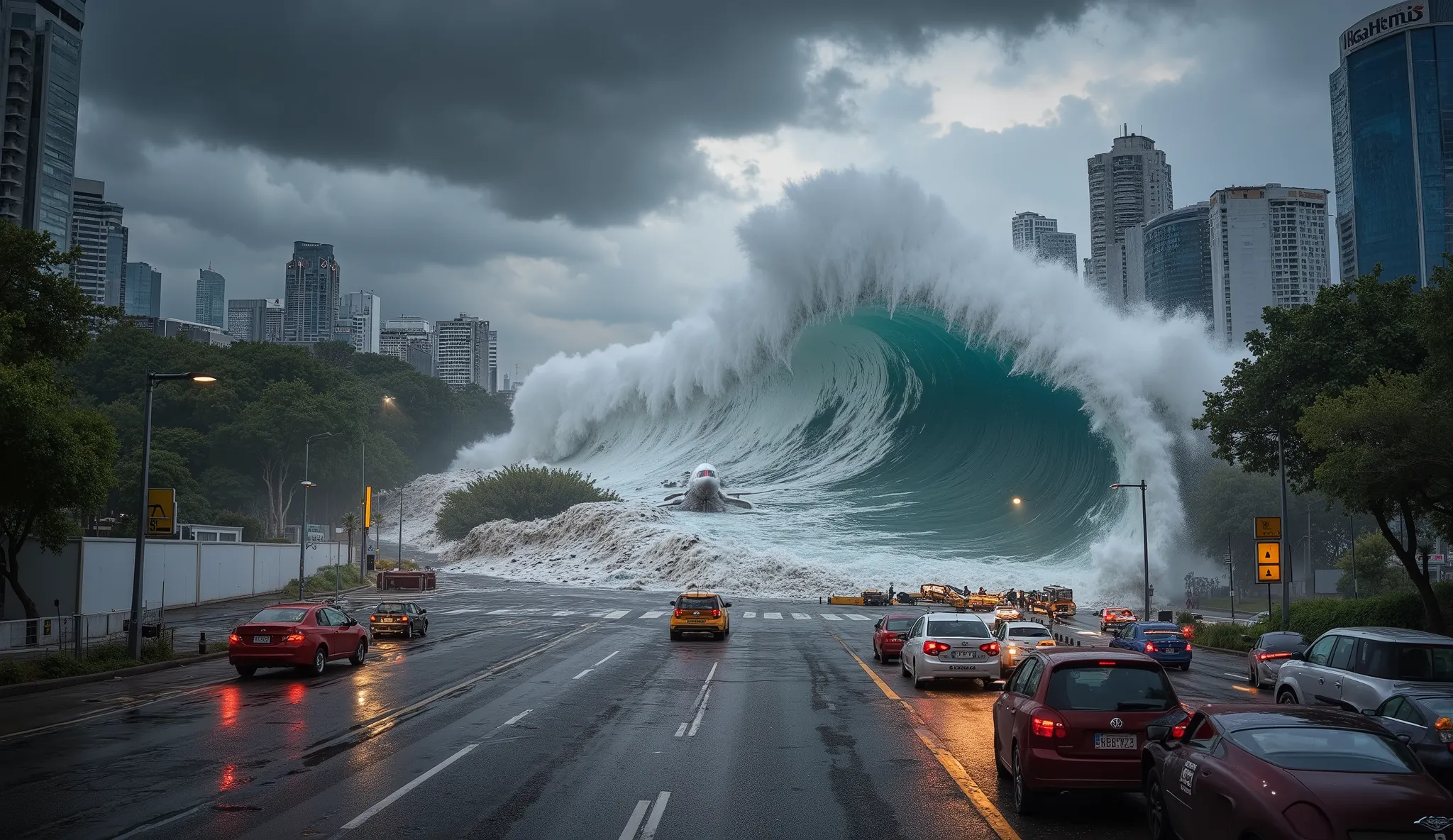 A dark stormy sky looms over the city. A deafening siren warns of an incoming tsunami. The streets are filled with cars honking in panic, trying to escape. Suddenly, a colossal wave smashes through a glass skyscraper, sending debris flying everywhere. A pl...